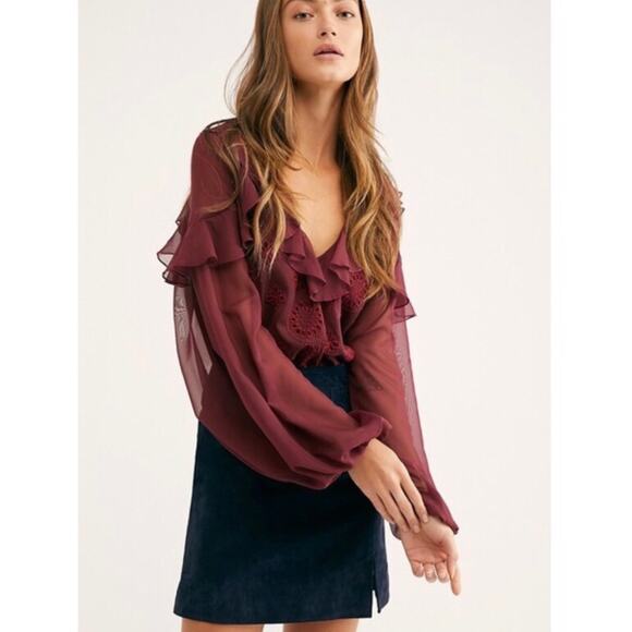 NWT Free people Life's A Party Blouse Wine‎ Red Burgundy Size XS Lace Sheer - Picture 1 of 13
